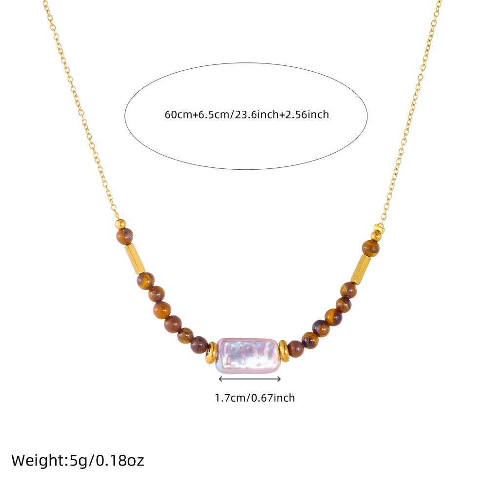 Elegant Gold Plated Stainless Steel Necklace with Agate and Pearl Beads