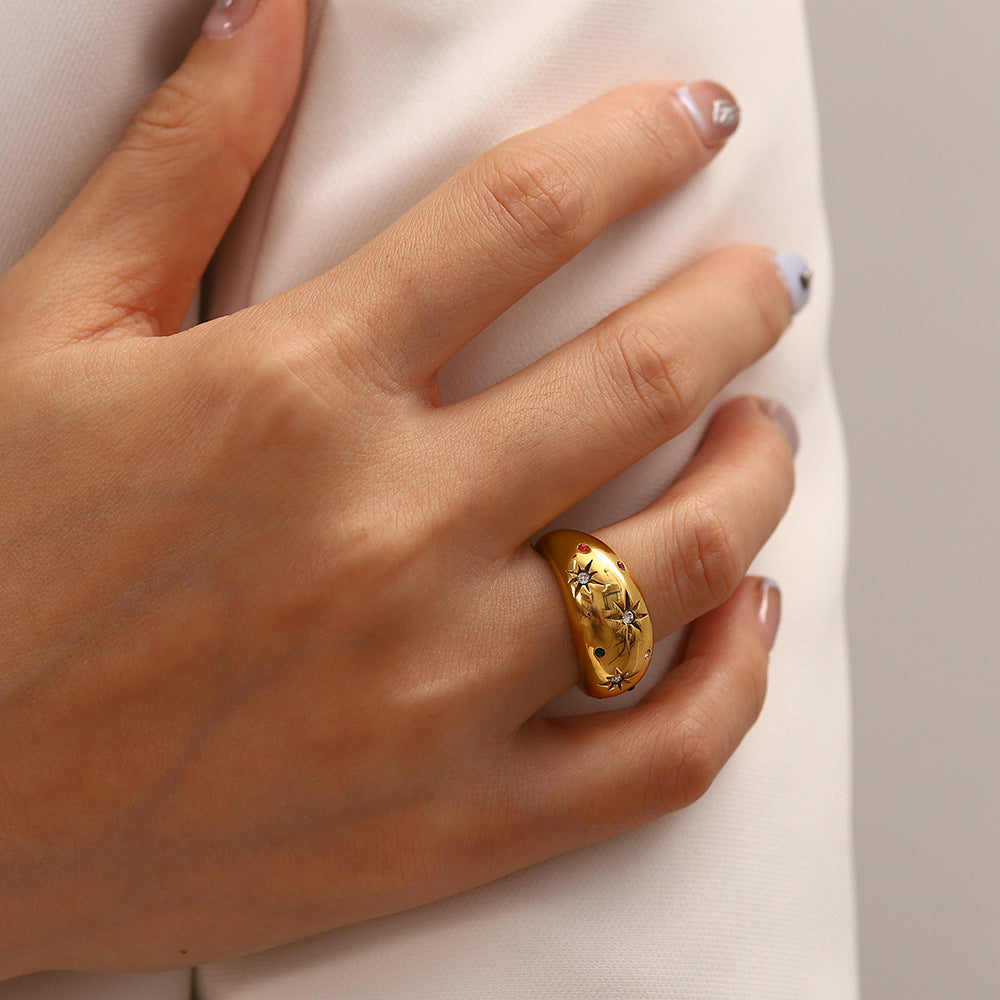 Anello esagonale in zirconi da donna, stile minimalista francese di lusso vintage, in acciaio inossidabile placcato, gioiello di moda