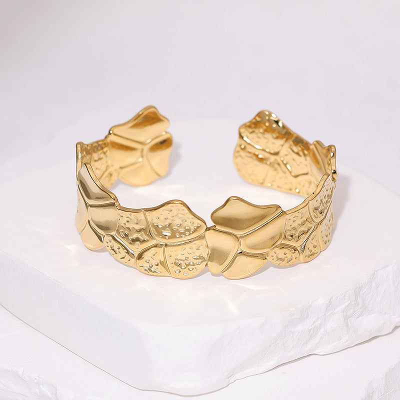 Minimalist Geometric Floral Pattern Plated Stainless Steel Open Cuff Bracelet