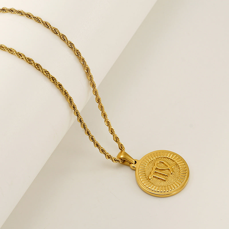 Vintage 18K Gold Plated Round Zodiac Pendant Titanium Steel Rope Chain Necklace Unisex