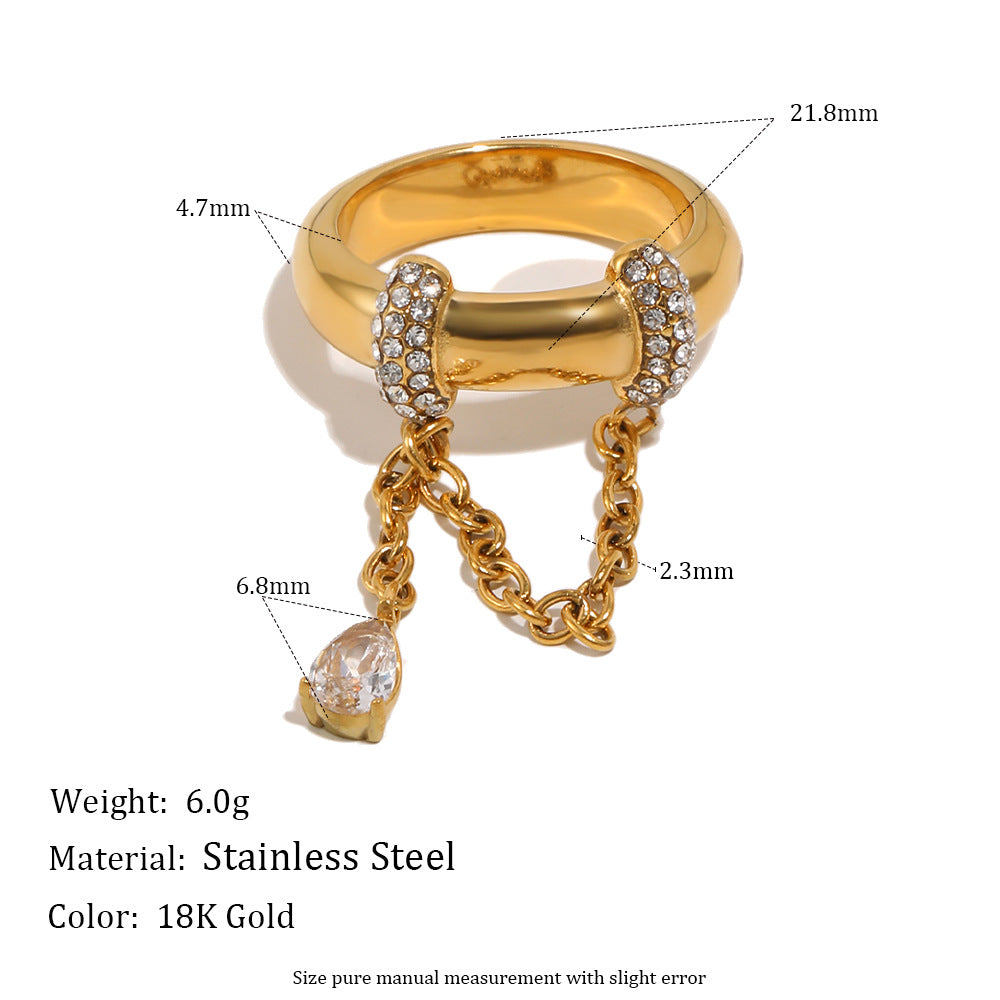 Minimalist Luxury 18K Gold Plated Stainless Steel Geometric Teardrop Ring with Cubic Zirconia and Tassel Chain for Women