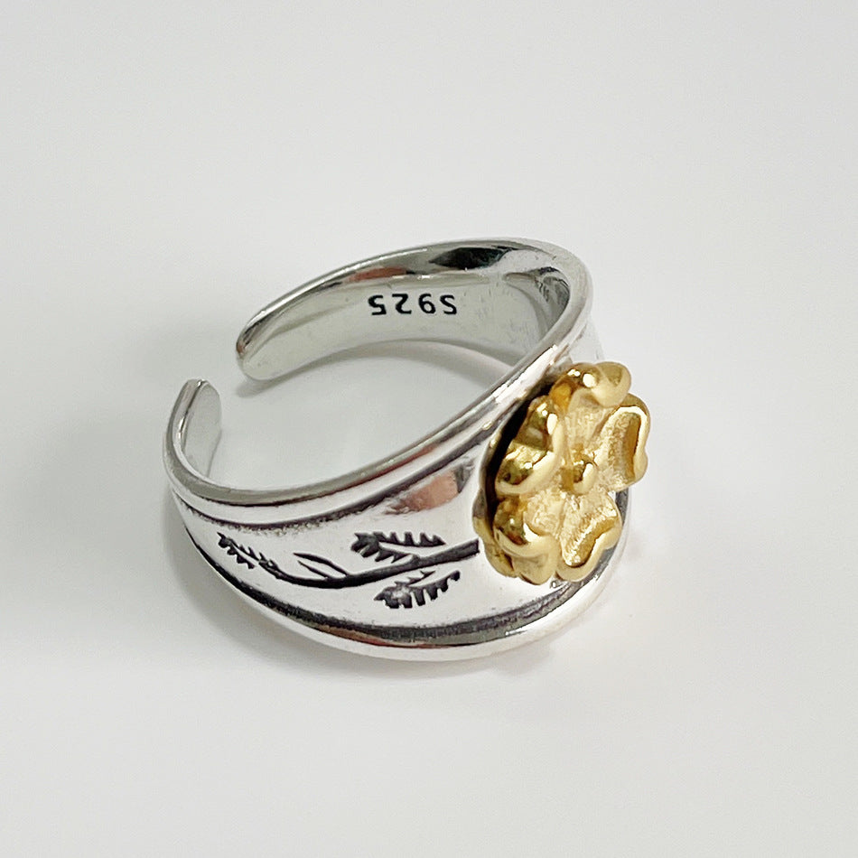 Vintage Minimalist 925 Sterling Silver Antique Finish Floral Ring for Women