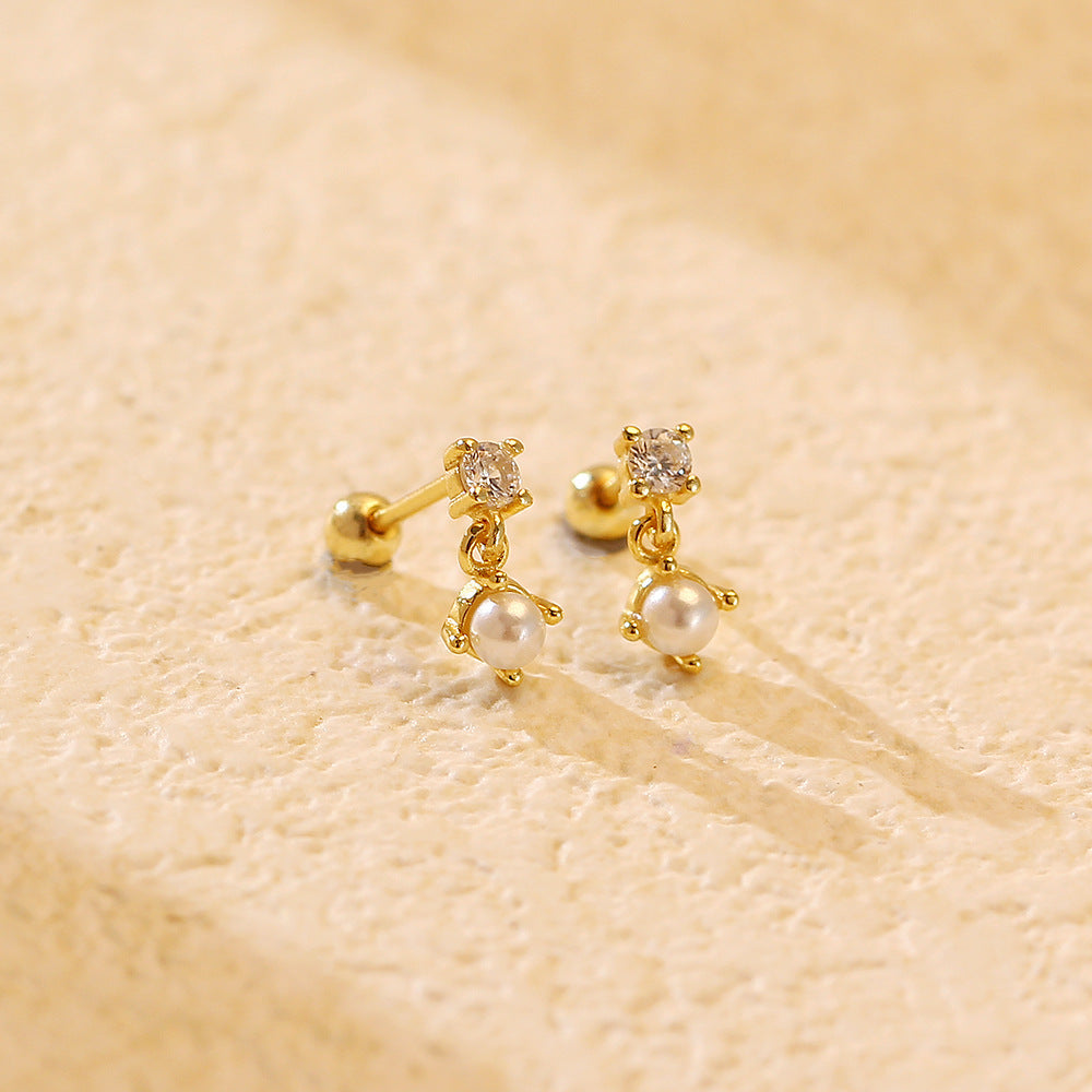 Dulces pendientes minimalistas redondos geométricos de plata de ley 925 con perlas y circonitas cúbicas para mujer
