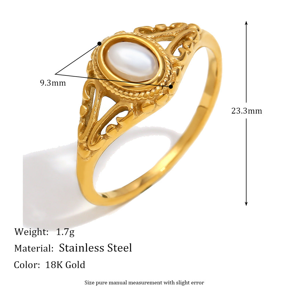 Anello da donna in acciaio inossidabile placcato con perla, motivo floreale geometrico, stile minimalista ed elegante