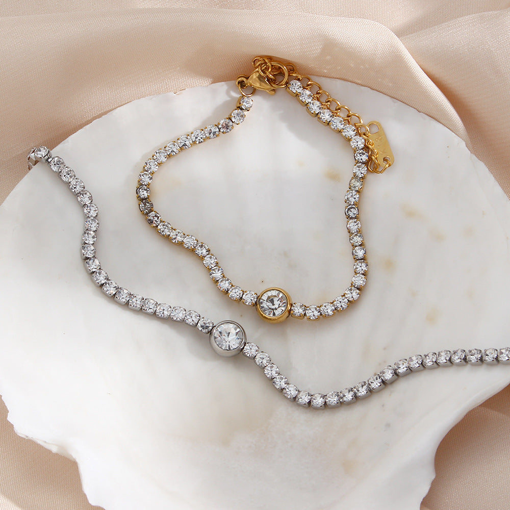 Minimalist Fresh Round Zircon Hand Chain in Stainless Steel with Plated Finish for Women