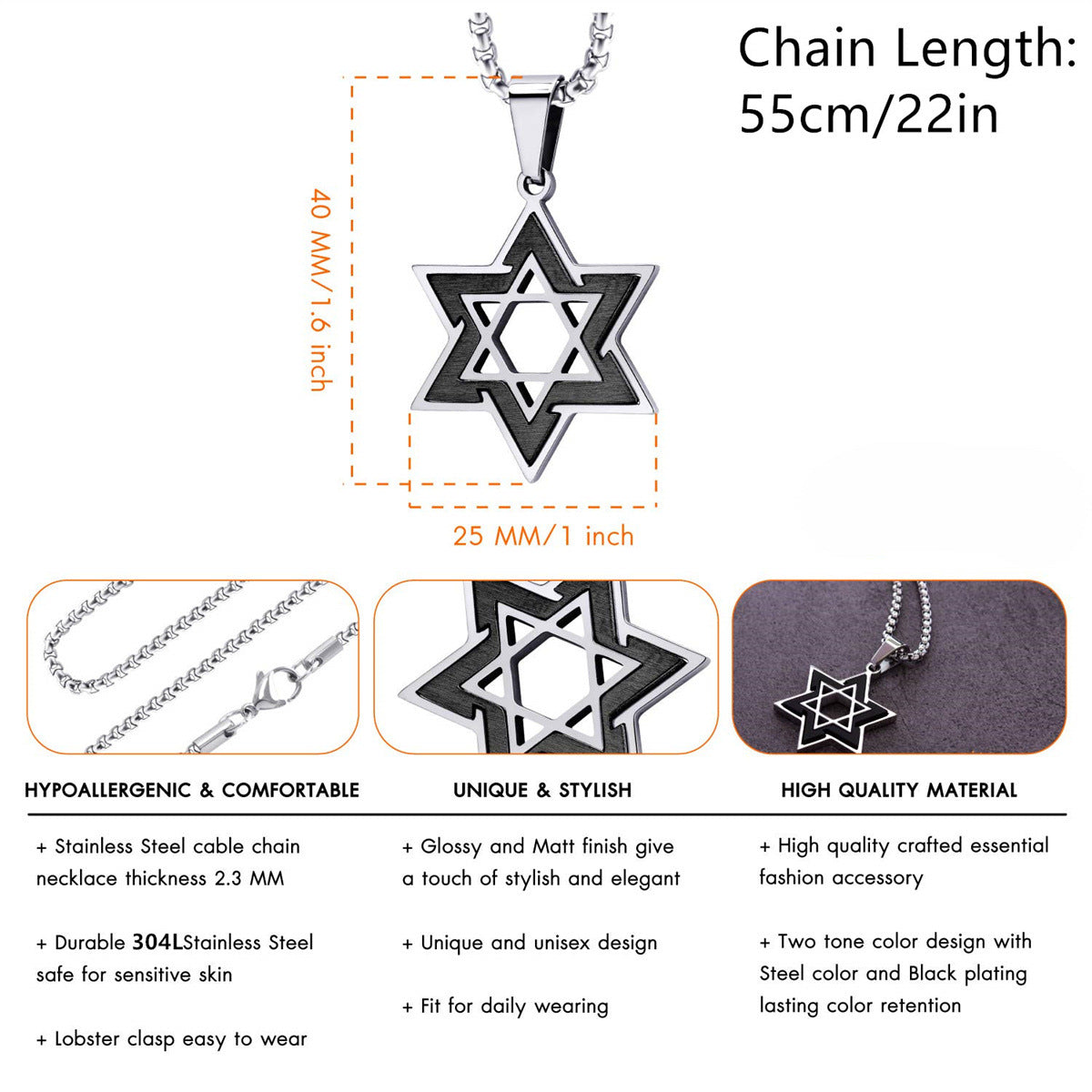 Minimalist Geometric Star Pendant Necklace in Stainless Steel and Titanium Steel with Polished Finish for Unisex Wear