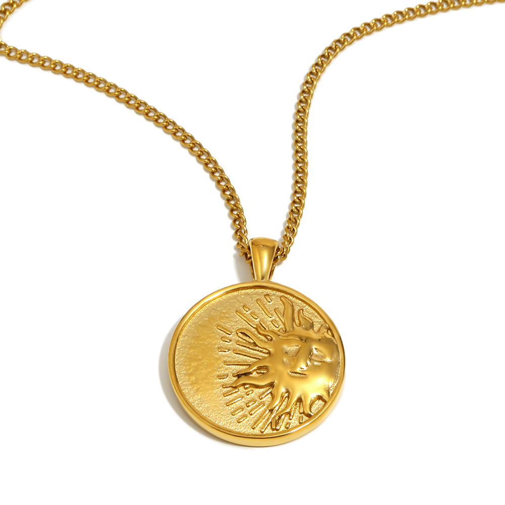 Luxury Geometric Stainless Steel Sun Coin Pendant Necklace with 18K Gold Plating for Women