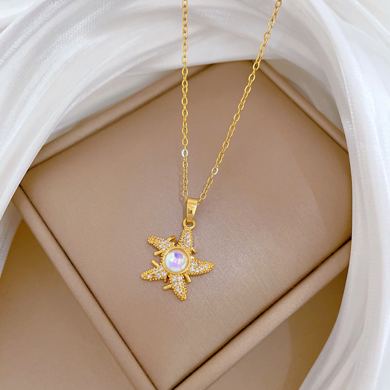 Sweet Minimalist Colorful Star Rhinestone Pendant Titanium Steel Necklace for Unisex