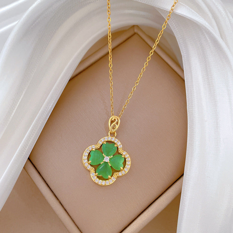 Cartoon Style Four-Leaf Clover Pendant Necklace in Stainless Steel with Rhinestone Inlay for Women and Unisex Wear