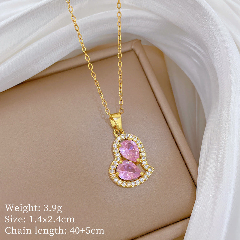 Sweet Minimalist Irregular Pink Heart Rhinestone Titanium Steel Necklace for Unisex