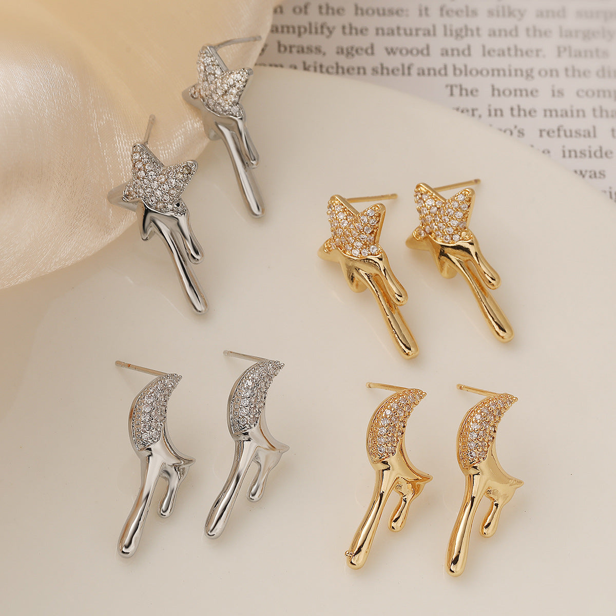 Minimalist Geometric Star and Moon Stud Earrings for Women in Brass with Real Gold Plating and Zircon Inlay