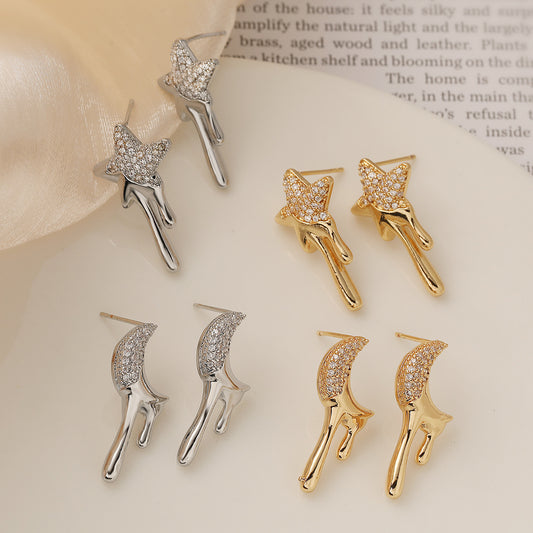 Orecchini a perno geometrici minimalisti a forma di stella e luna da donna in ottone con placcatura in oro vero e intarsio di zirconi