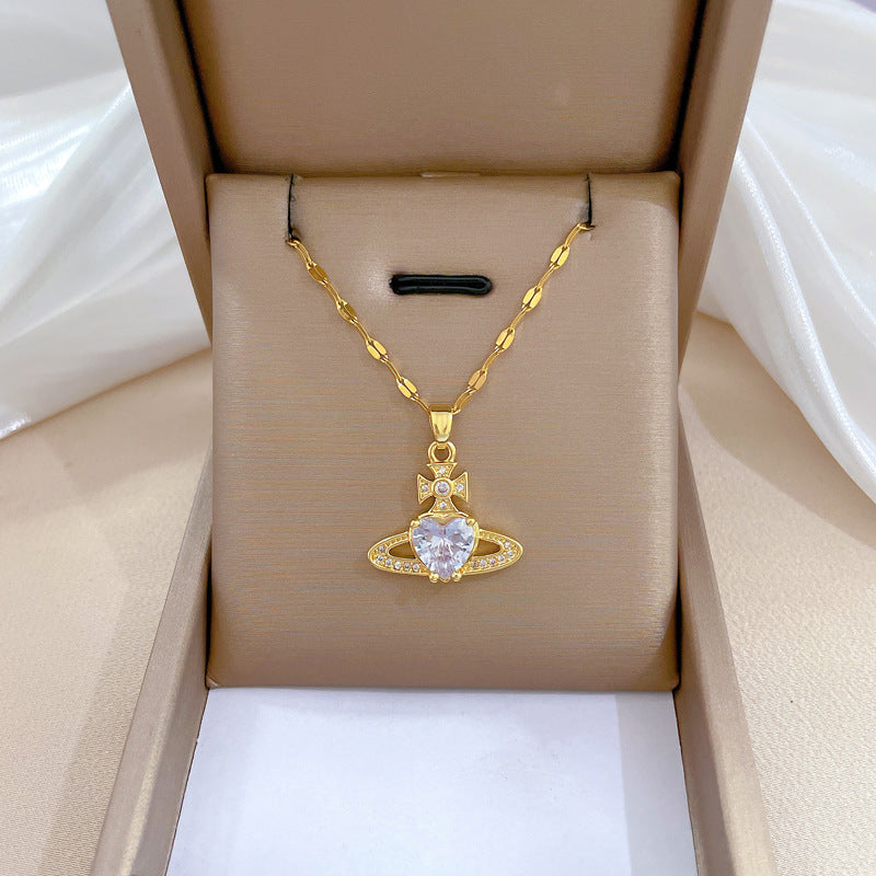 Collana con ciondolo a luna e cuore geometrico minimalista in acciaio al titanio con strass completi per uomo e donna
