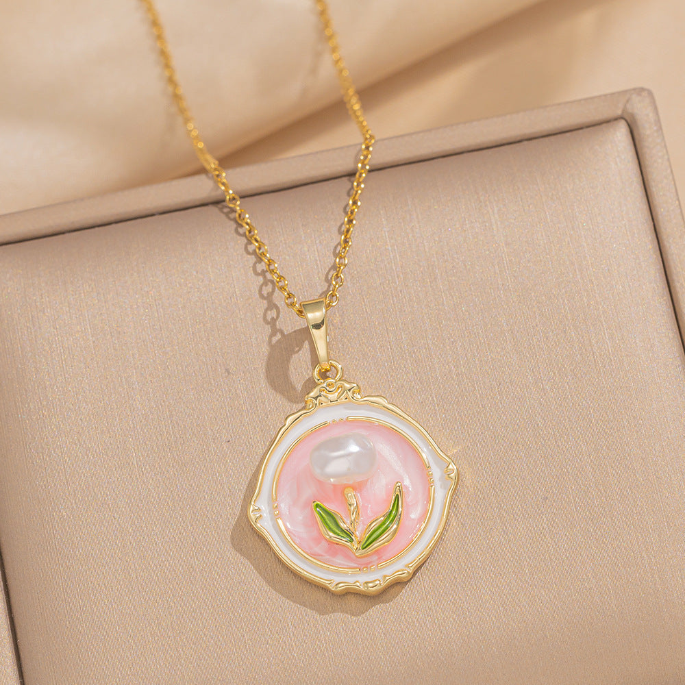 Baroque Style Leaf-Shaped Titanium Steel Necklace with Tulip Floral Motif, Vacuum-Plated for Hypoallergenic Wear, O-Chain Design