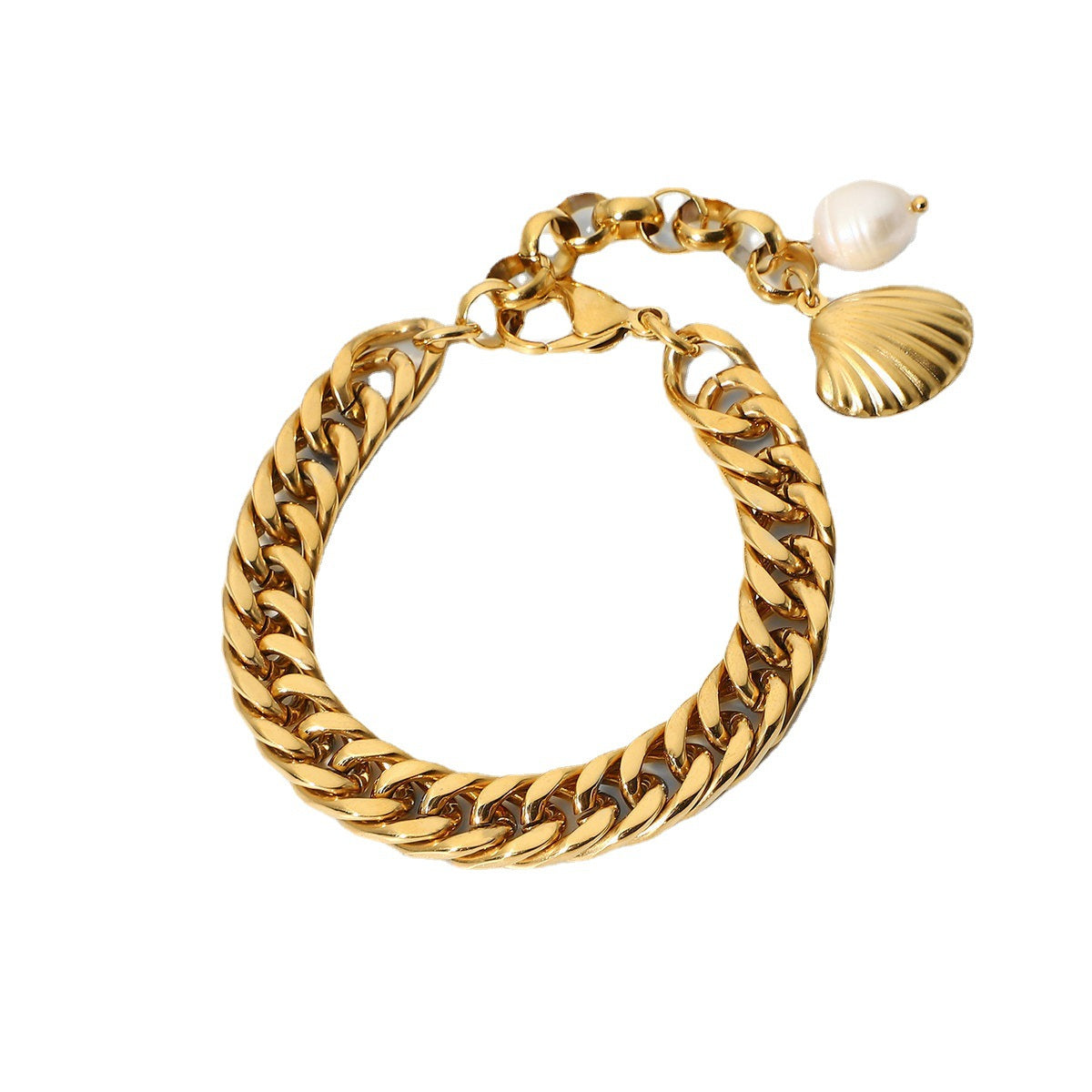 Elegant Geometric Stainless Steel Bracelet with 18K Gold Plated Cuban Chain and Freshwater Pearl Accents for Women