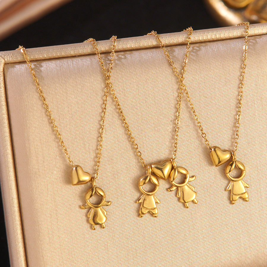 Luxury Heart Shaped Stainless Steel Plated 18K Gold Pendant Necklace Cable Chain for Women