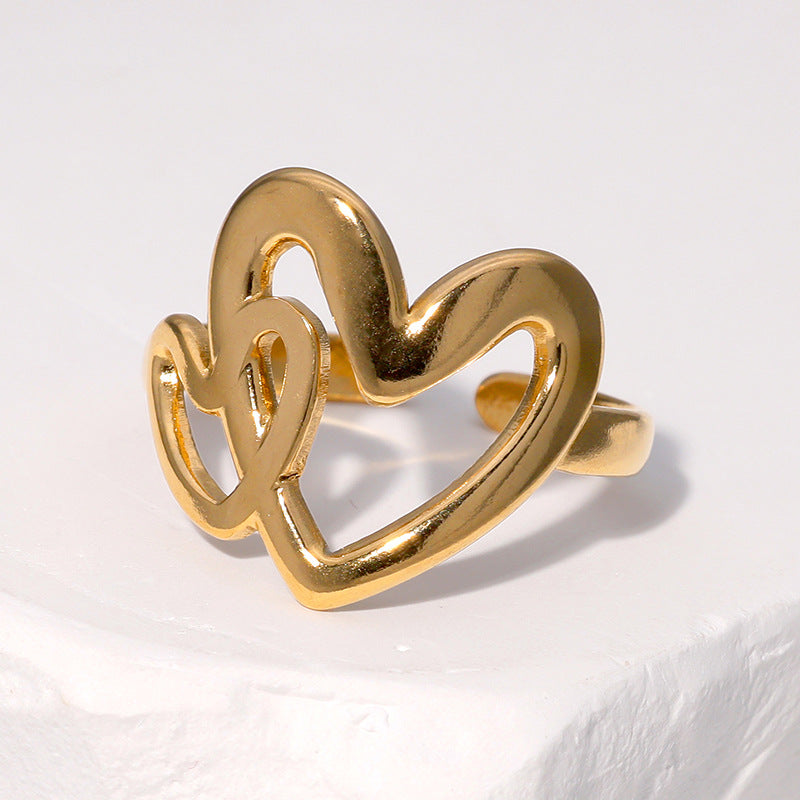 Minimalist 18K Gold Plated Stainless Steel Heart Shaped Open Ring for Women