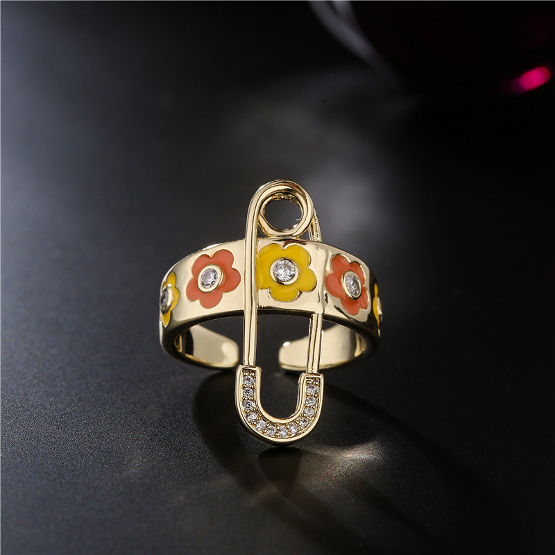 Elegant Geometric Floral Drip Oil Cubic Zirconia Inlay Brass Ring for Women
