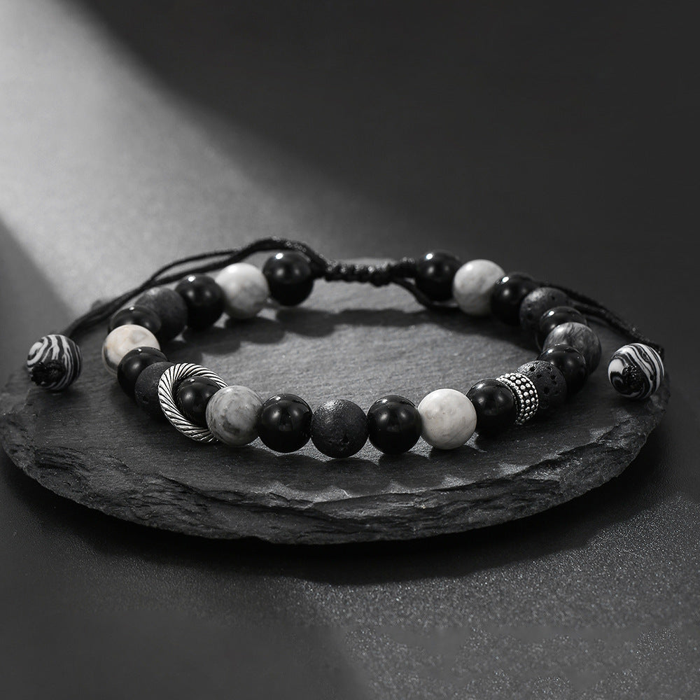 Adjustable Beaded Bracelet for Women with Natural Lava Stone Beads 8mm and 10mm in Geometric Shape, Copper-Plated with Zircon Inlay, Fashionable Office-Ready Design