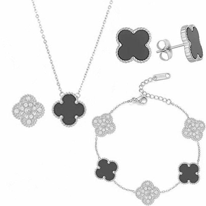 Bracciale Donna Lusso Stile Quadrifoglio in Acciaio al Titanio con Strass e Intarsio in Concha