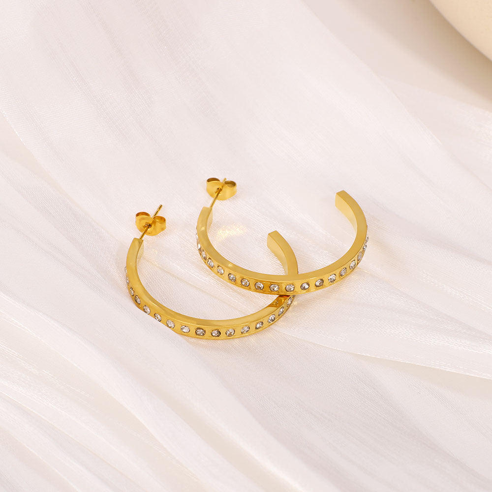 Minimalist C-Shaped Rhinestone-Embellished Stainless Steel Earrings for Women with Vacuum Plated 18K Gold Finish