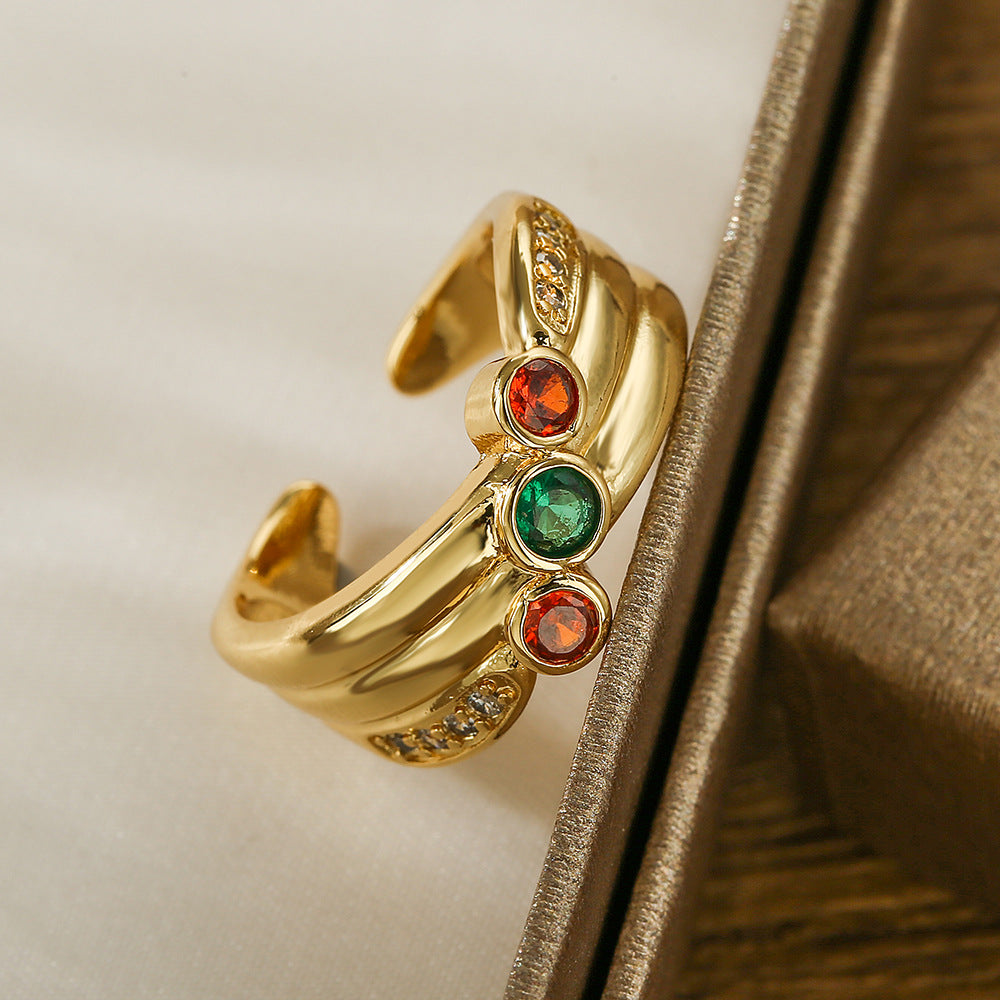 Minimalist Geometric Copper Ring with Real Gold Plating and Zircon Inlay for Women Adjustable Fashion Ring