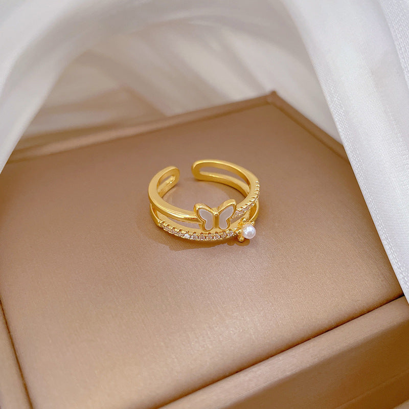 Sweet Minimalist Gold Plated Brass Butterfly Rhinestone Adjustable Ring for Women and Couples