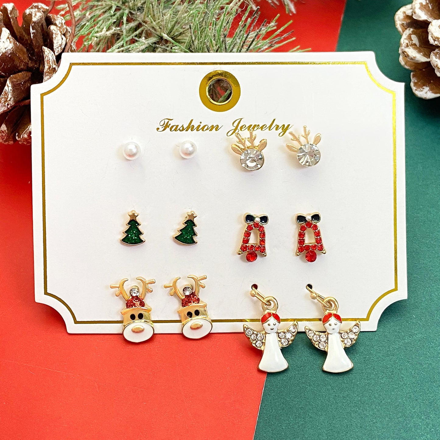 Christmas Elk and Santa Snowflake Earrings Set for Women Alloy Geometric Studs with Rhinestone Inlay Festive Holiday Jewelry