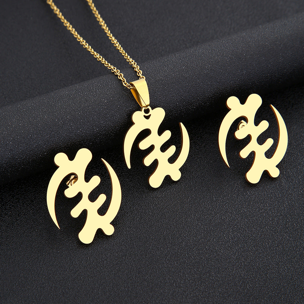 Collar y pendientes de mujer de acero inoxidable chapado en oro con colgante de símbolo africano geométrico de moda