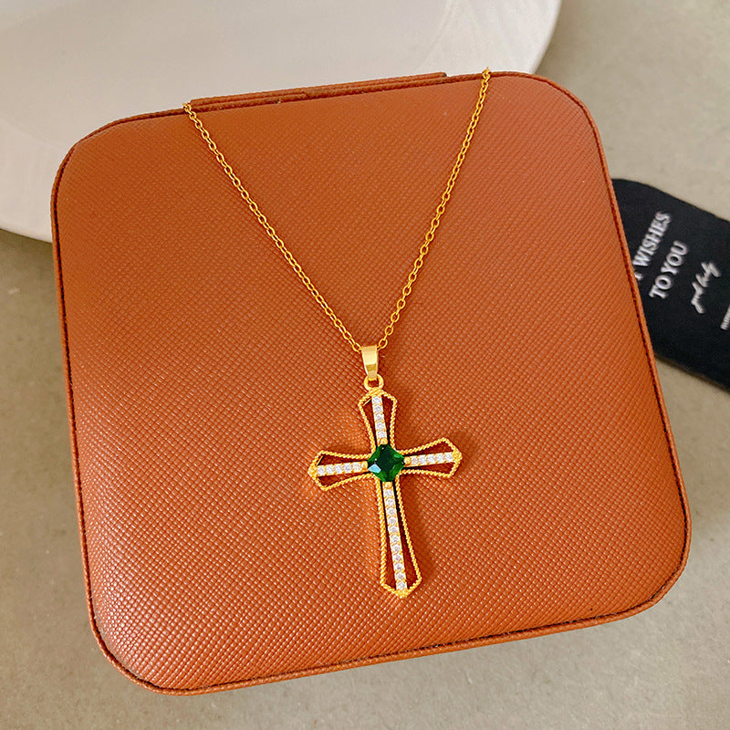 Sporty Sweet 18K Gold Plated Cross Titanium Steel Necklace with Cubic Zirconia for Women