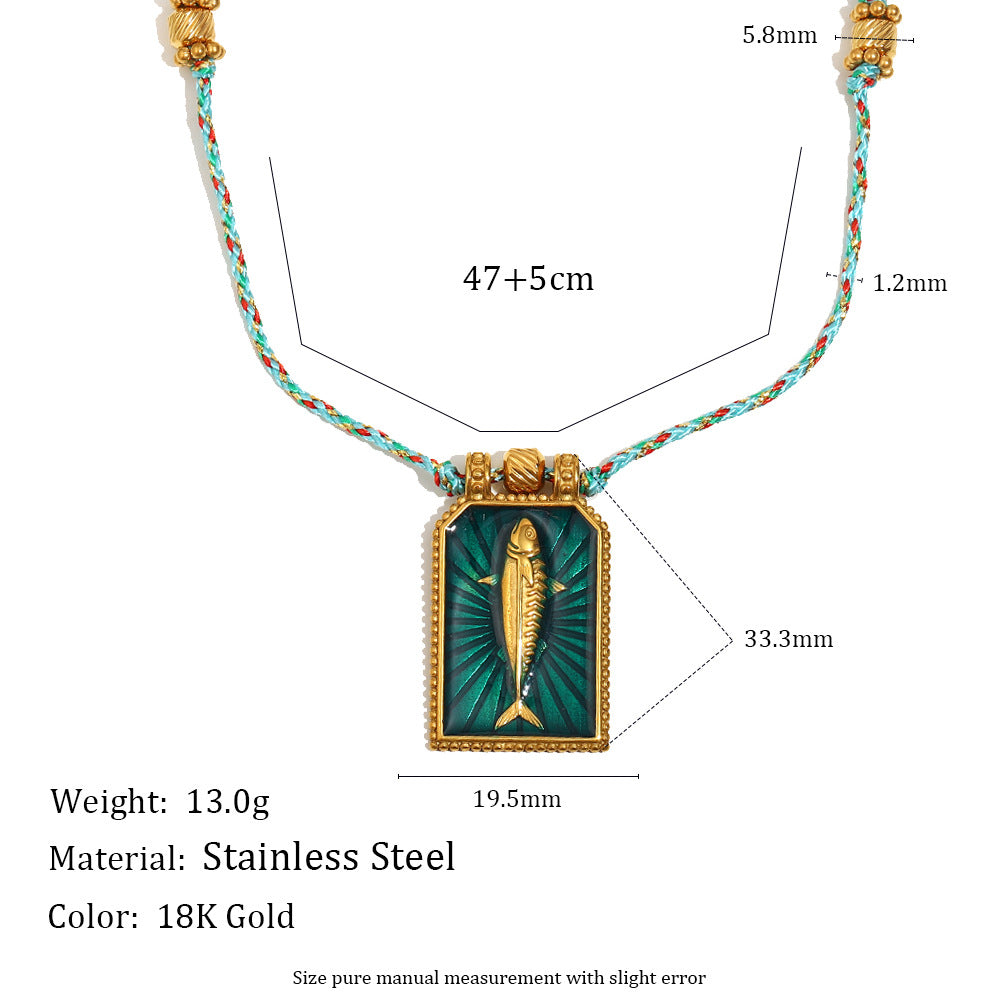 Minimalist Geometric Stainless Steel Plated 18K Gold Tuna Tarot Pendant Necklace for Women with Enamel Detail