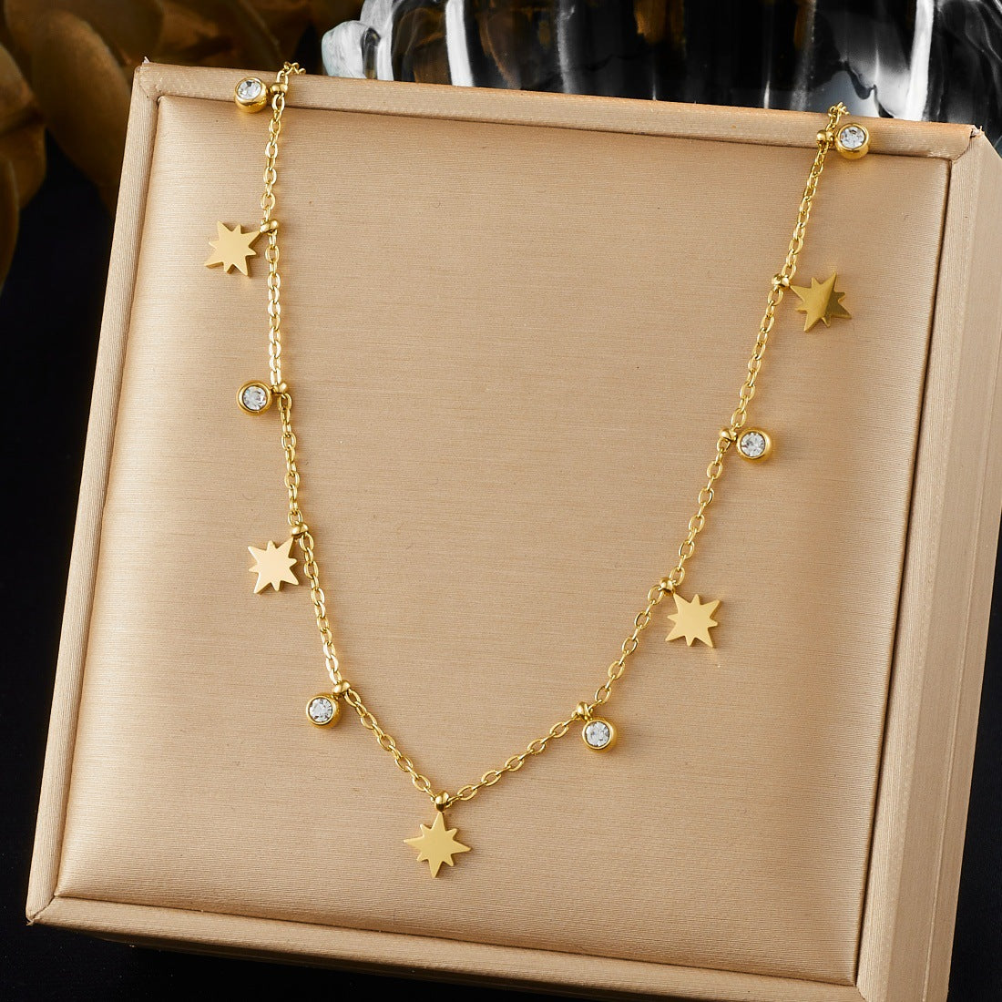 Minimalist Gold Plated Stainless Steel Eight-Pointed Star Round Rhinestone Pendant Necklace for Women