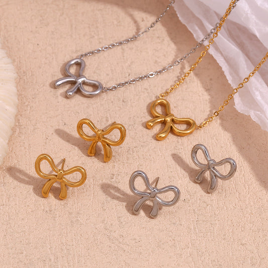 Minimalist Cute Bow-Shaped Stainless Steel Plated 18K Gold Necklace for Women