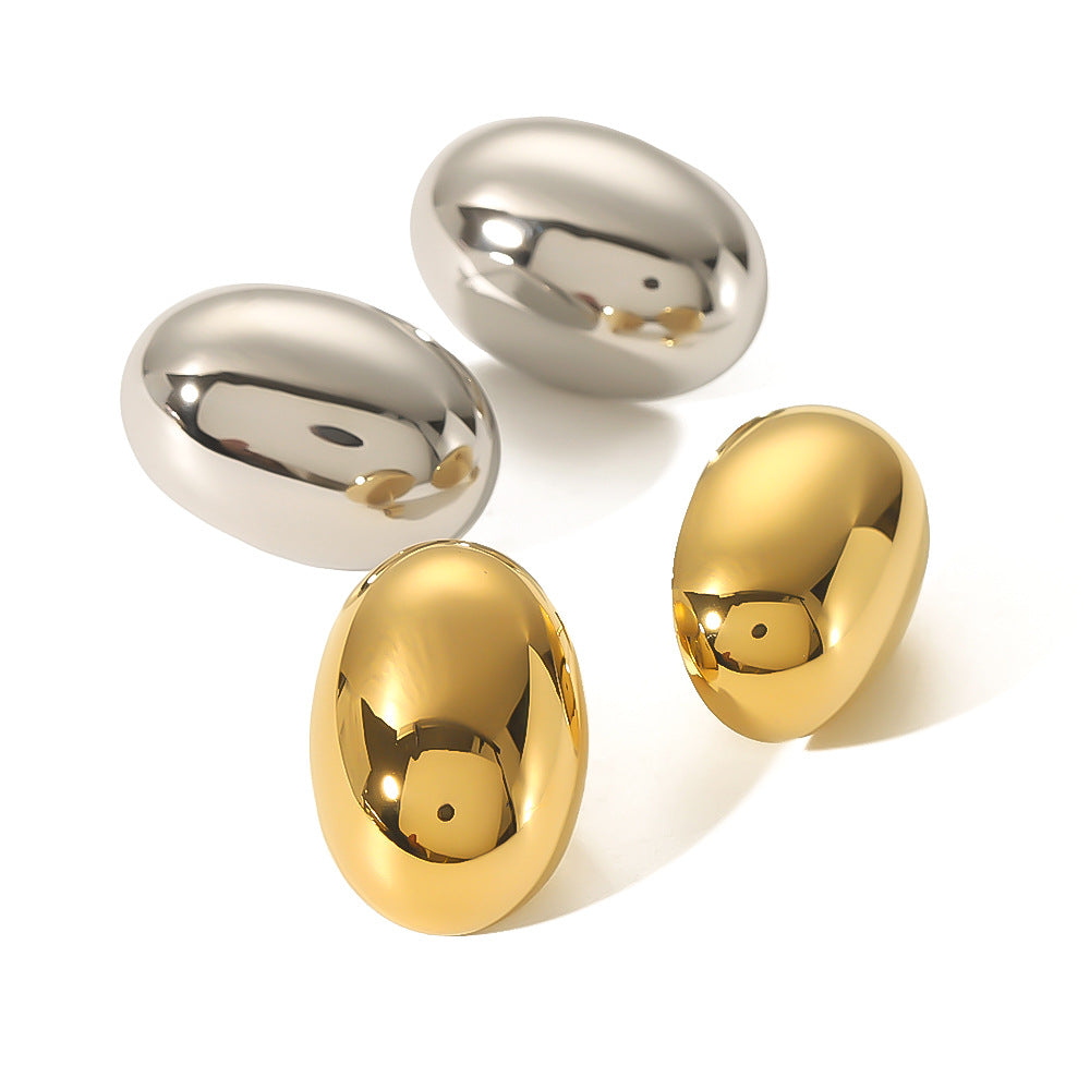 Minimalist Oval Stainless Steel Earrings with 18K Gold Plating, Geometric 3D Design, Polished Mirror Finish