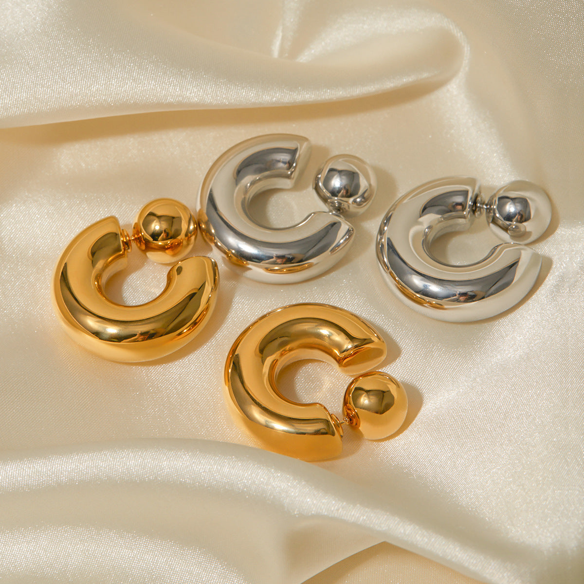 Unique Geometric 16K Gold Plated Stainless Steel C-Shape Front Back Earrings for Women