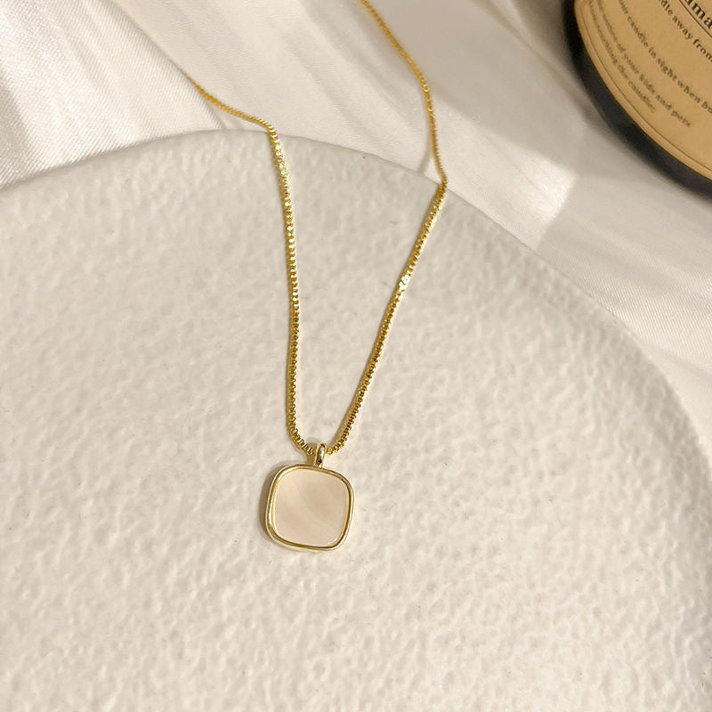Minimalist Square Mother-of-Pearl Pendant Necklace for Women in Titanium Steel with Plated Finish and Box Chain