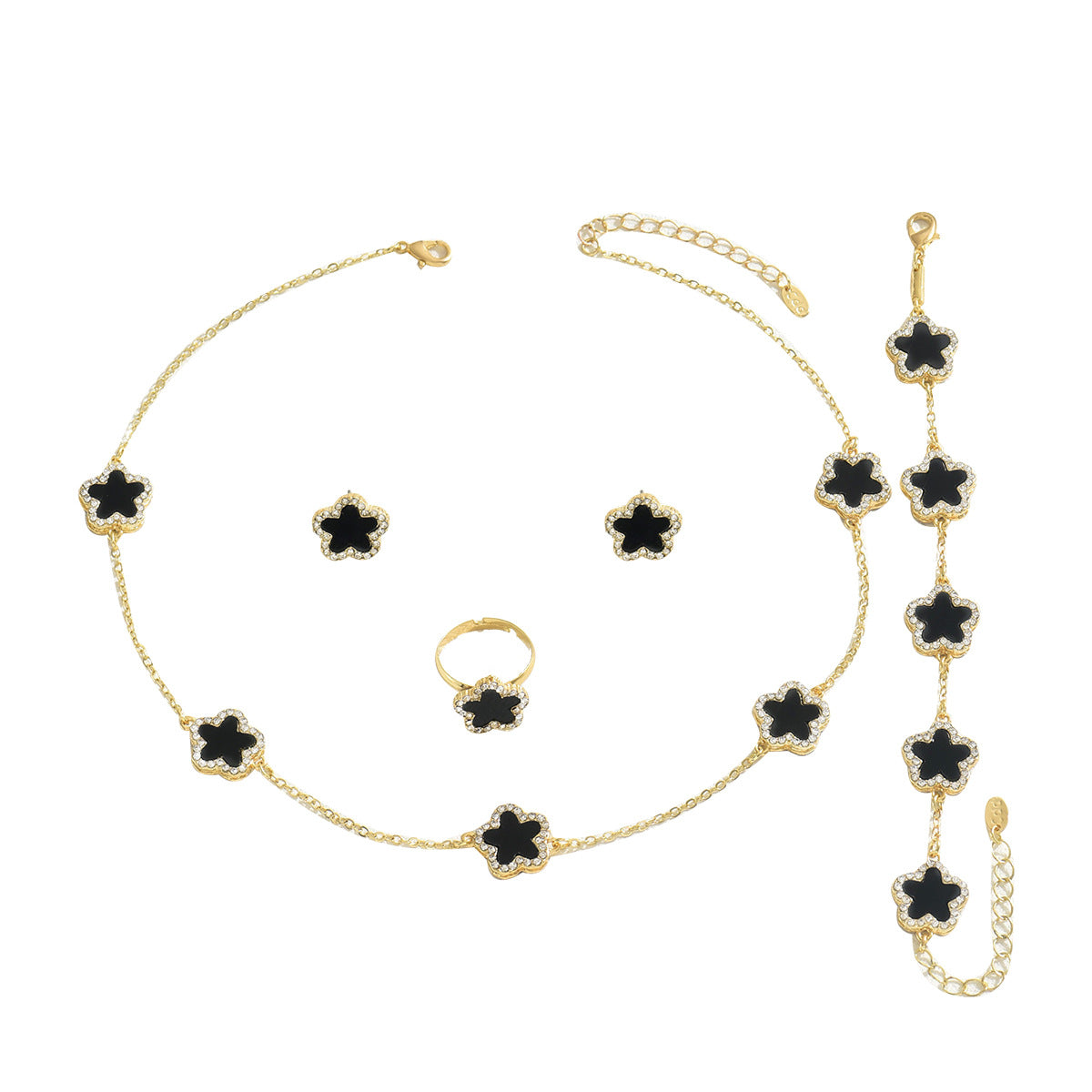 Set bracciale in lega con design floreale, collana, orecchini e anello impreziositi da strass per donna