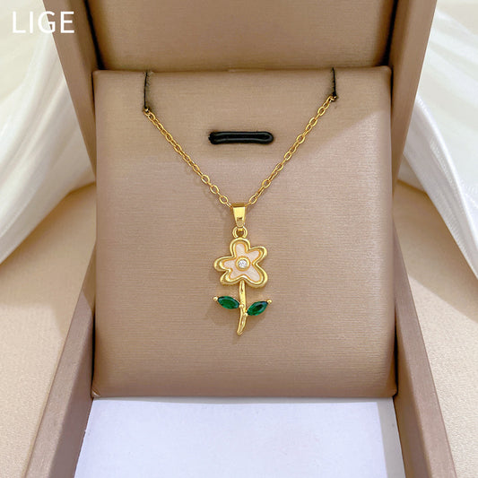 Luxury Titanium Steel Leaf Shell Flower Pendant Necklace for Women with Rhinestone Inlay, Geometric Design, Delicate Clavicle Chain