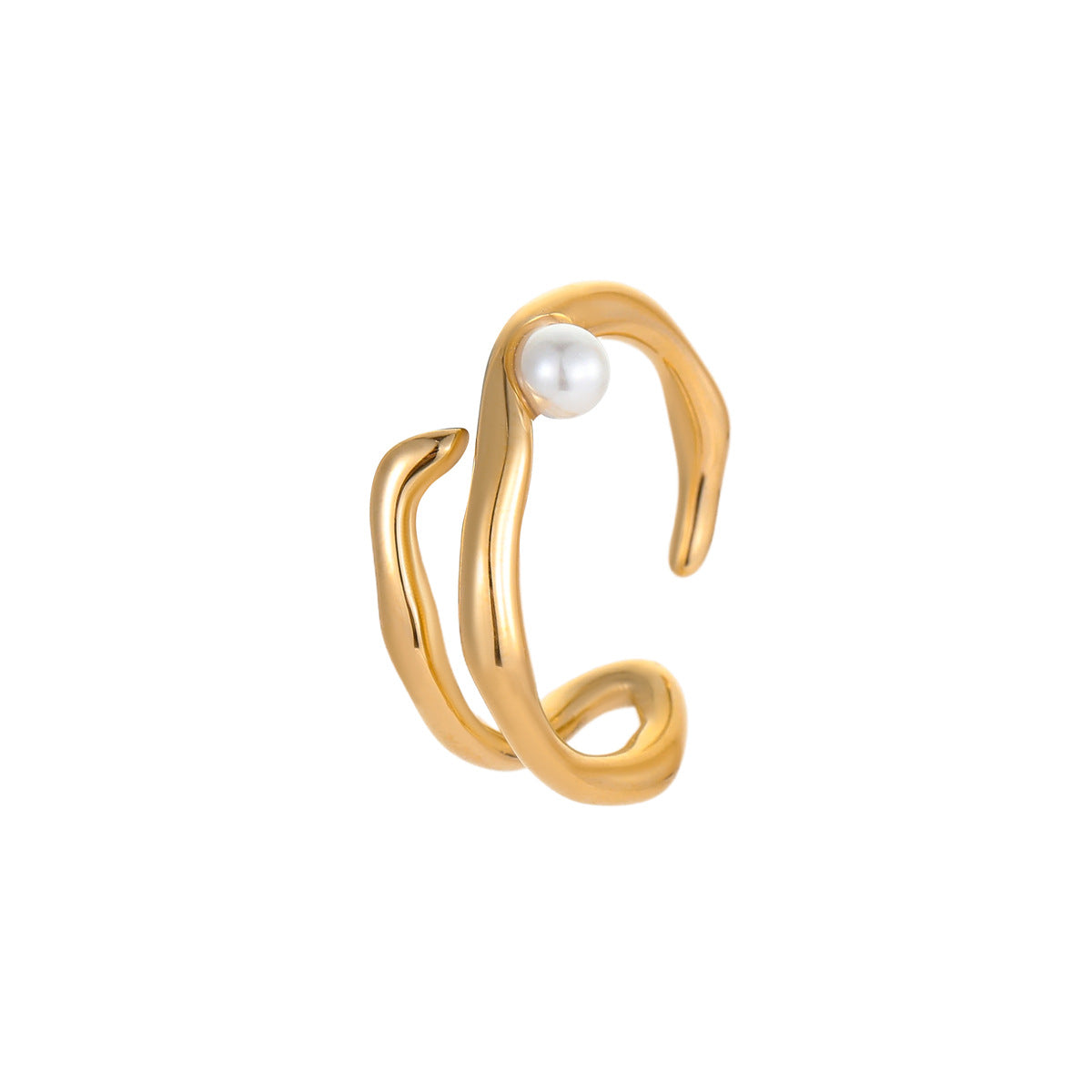 Anillo Minimalista Geométrico Irregular de Acero Inoxidable con Acabado Chapado y Acentos de Perlas Simuladas para Mujer