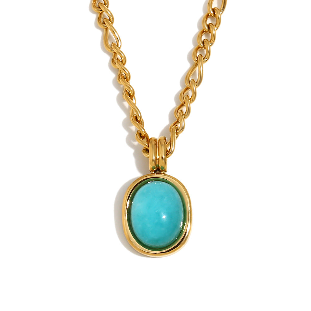 Minimalist Geometric Pendant Necklace for Women Stainless Steel with 18K Gold Plating and Turquoise Stone on Curved Chain