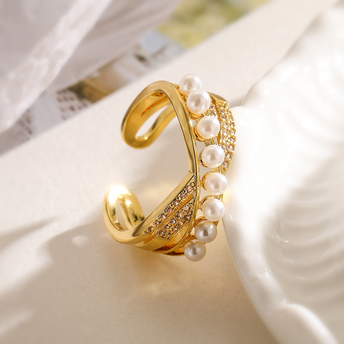 Minimalist Geometric Open Ring for Women Made of Brass with 18K Gold Plating, Zircon and Pearl Inlay