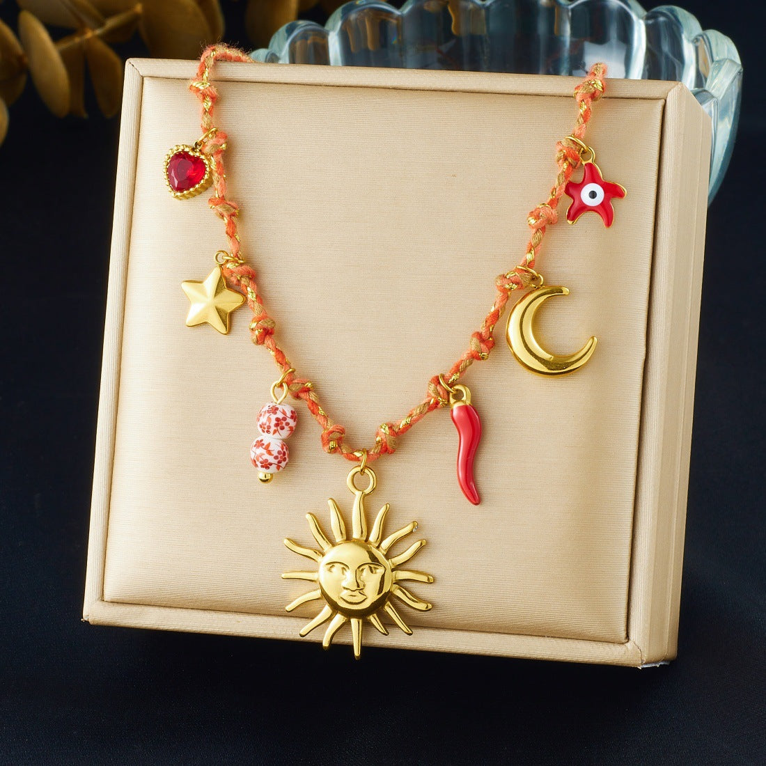 Chic Gold Plated Drip Oil Heart Floral Star Round Stainless Steel Pendant Necklace for Women
