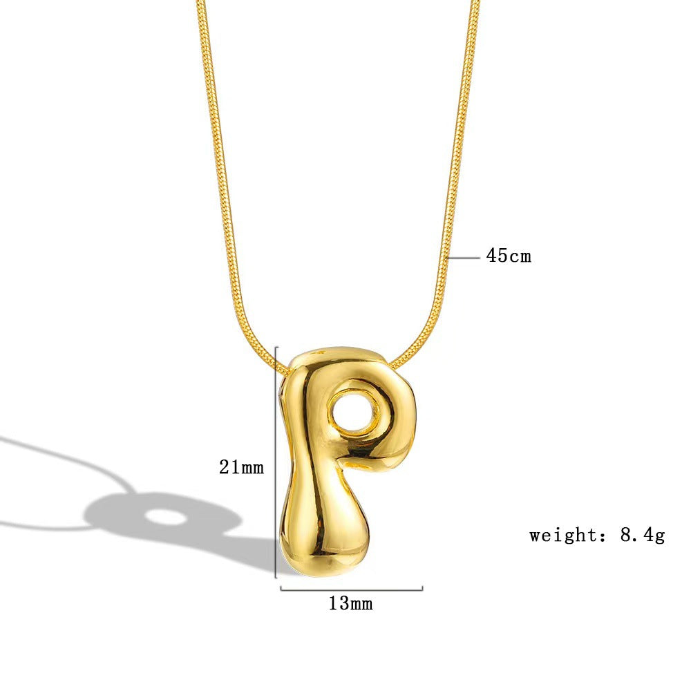 Luxury Balloon Bubble-Shaped Letter Necklace in Titanium Steel with Gold Plating, Snake Chain, Unisex Alphabet Pendant Jewelry