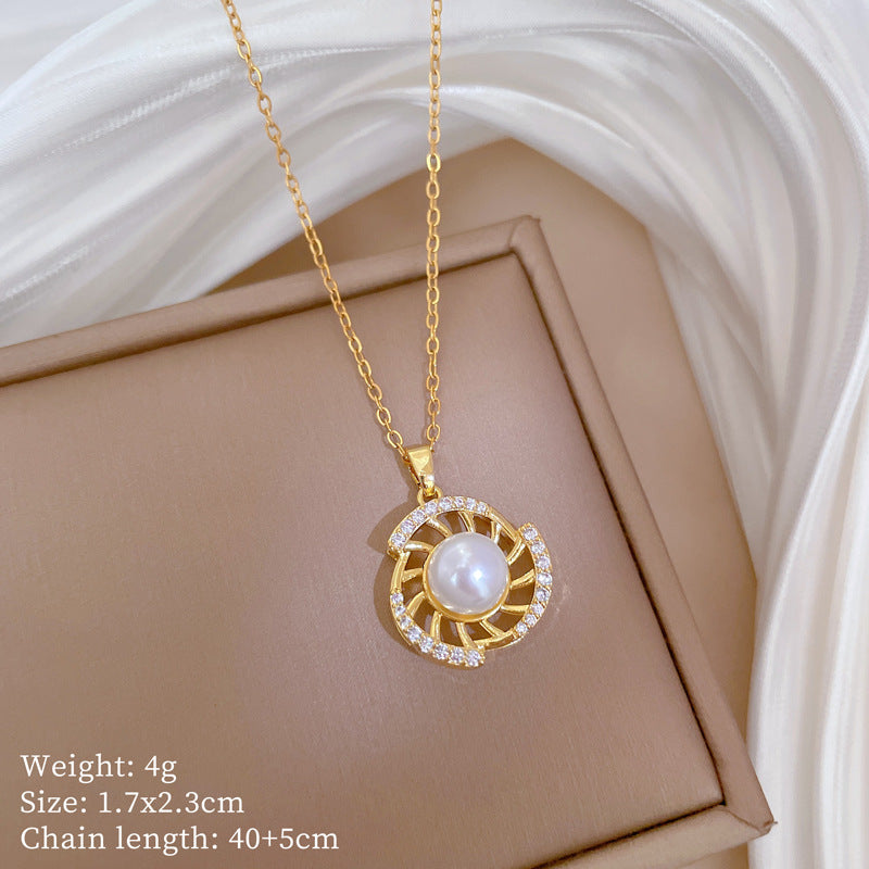 Conjunto de collar y pendientes de perlas giratorias de acero de titanio de lujo con incrustaciones completas de diamantes de imitación para mujer, diseño geométrico, joyería elegante para fiesta