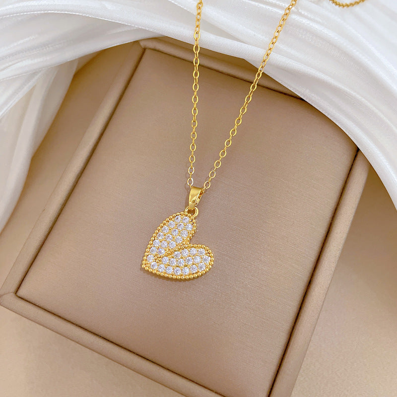 Sweet Heart Shaped Rhinestone Inlaid Titanium Steel Necklace for Unisex
