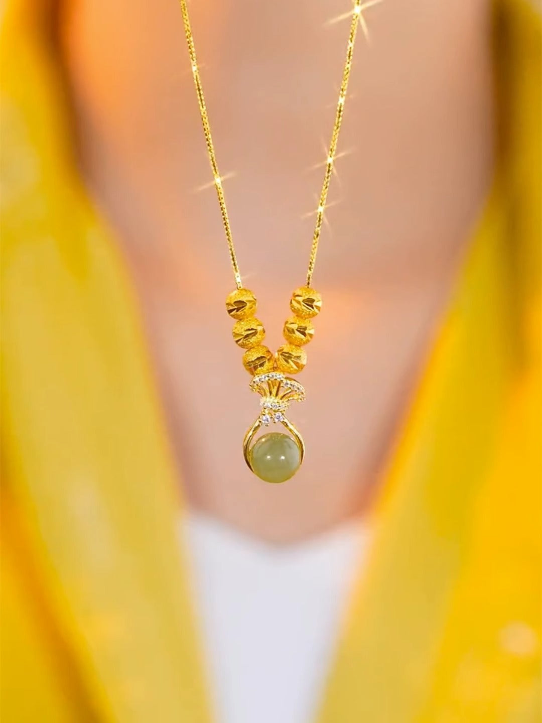 Original Design Irregular Shape Copper Plated Gold Green Lucky Bag Pendant Necklace for Women with Titanium Steel O-Chain