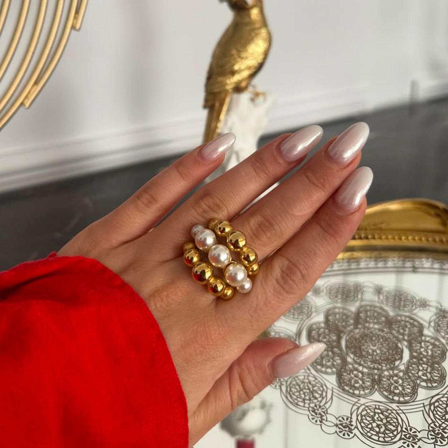Elegant Geometric Stainless Steel Plated Ring with Pearl Inlay for Women