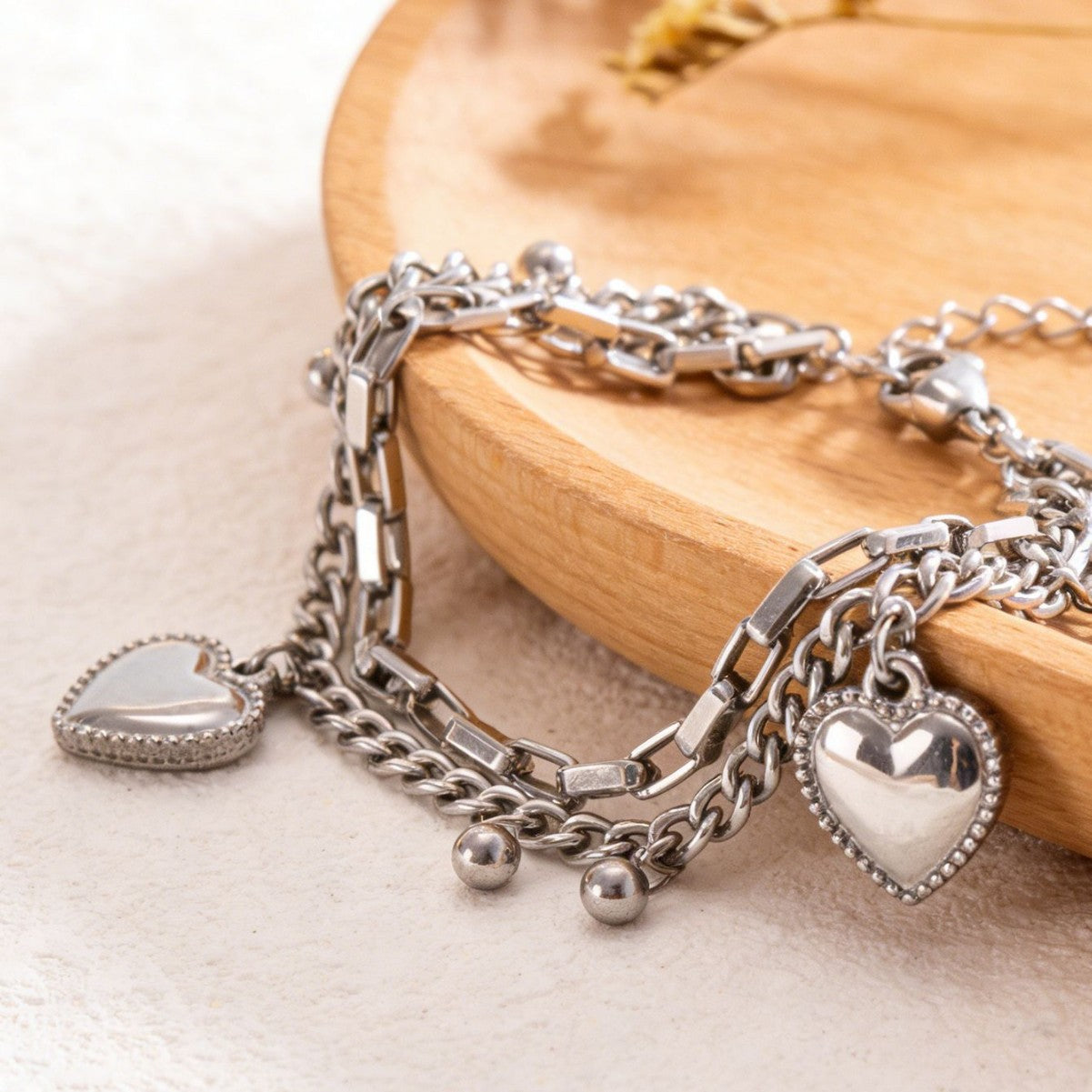 Elegant 18K Gold Plated Heart Stainless Steel Double Layer Bracelet for Women