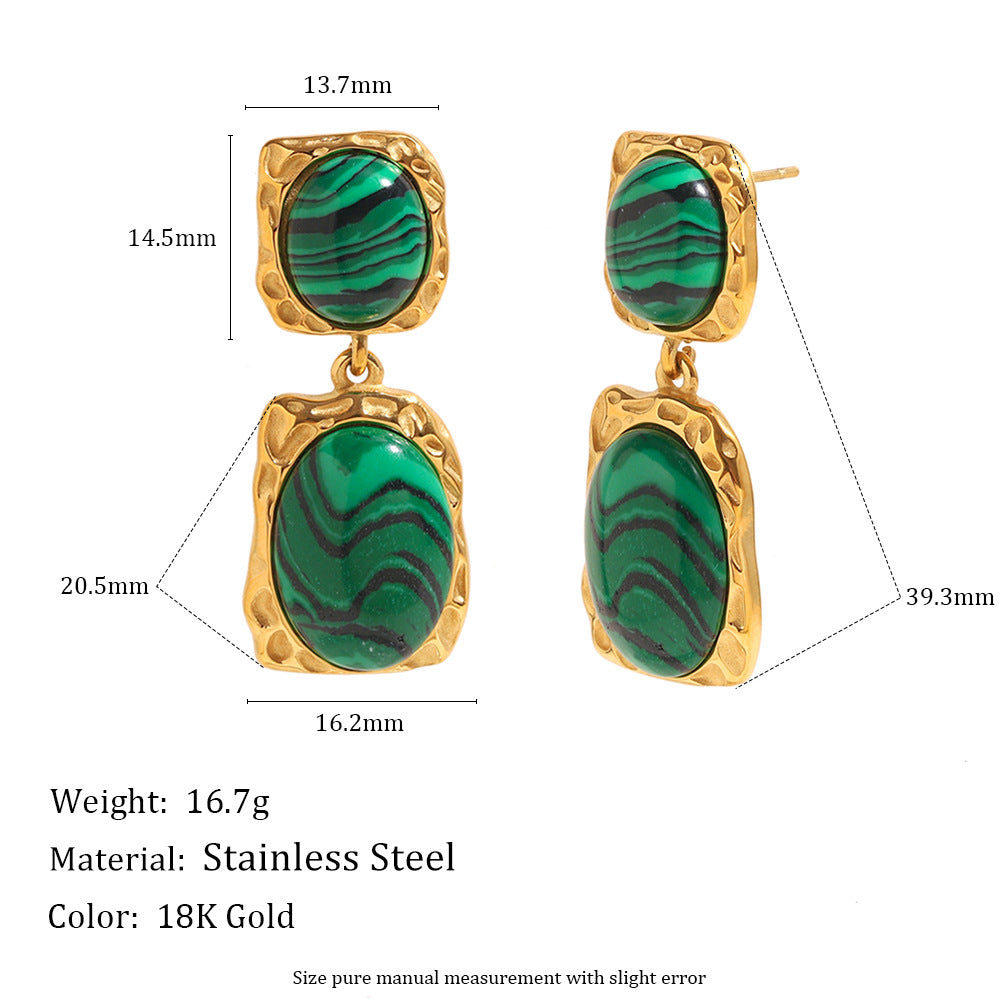 Orecchini di lusso geometrici in acciaio inossidabile con placcatura in oro 18 carati e pendente in malachite