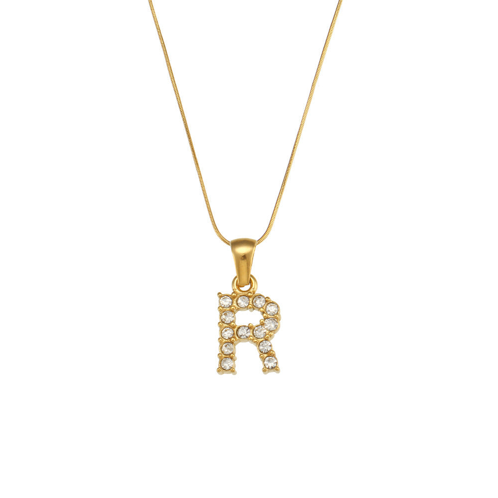 Fashion Minimalist Letter Pendant Necklace in Stainless Steel with 18K Gold Plating and Cubic Zirconia on Thin Snake Chain for Women